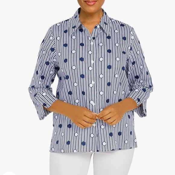 Alfred Dunner Navy & White Dot Stripes Button Down Blouse - Picture 1 of 8